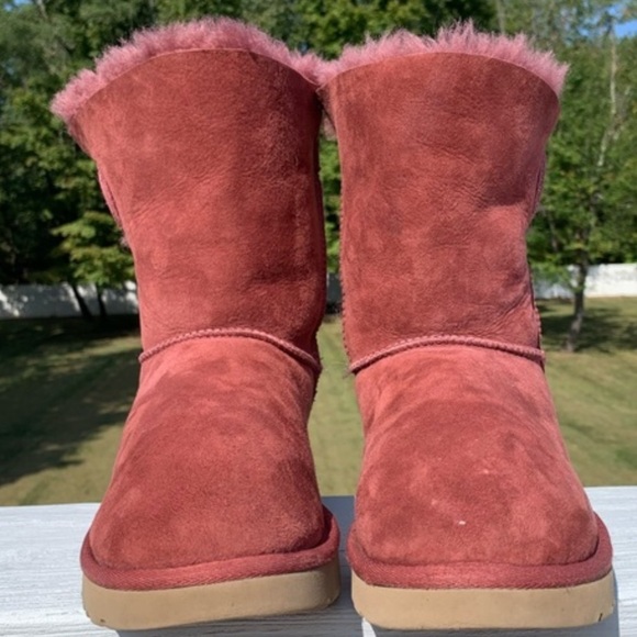 Ugg Australia Bailey Bow Sheepskin Leather Winter Boots Dusty Rose Sz 7 Women - Picture 4 of 7